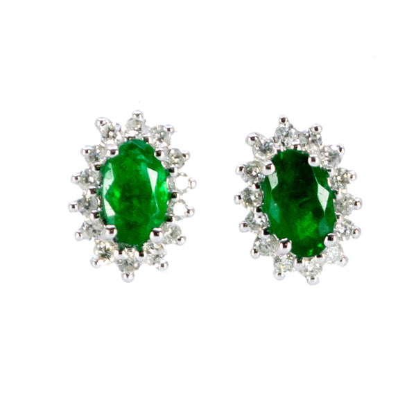 Modern 18 Carat White Gold Emerald and Diamond Oval Cluster Stud Earrings