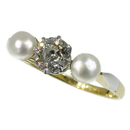 Antique Pearl and Diamond Three-Stone Ring, 0.60 carat, 18ct Gold
