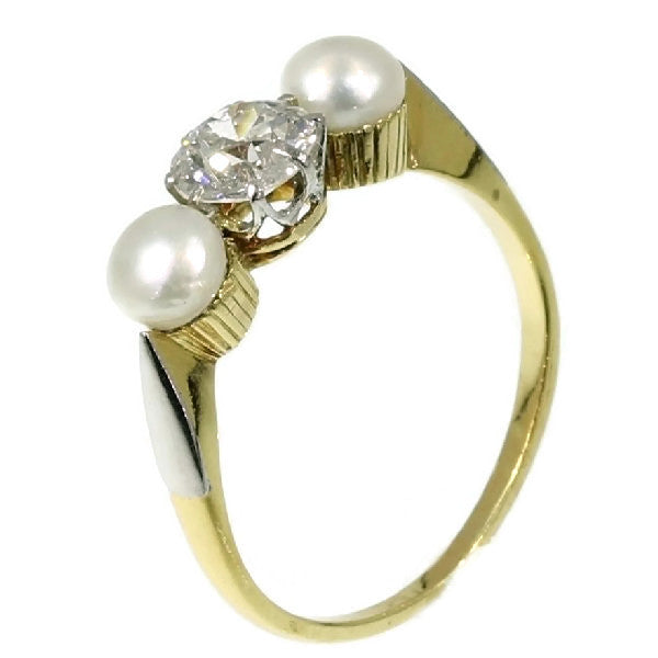 Antique Pearl and Diamond Three-Stone Ring, 0.60 carat, 18ct Gold