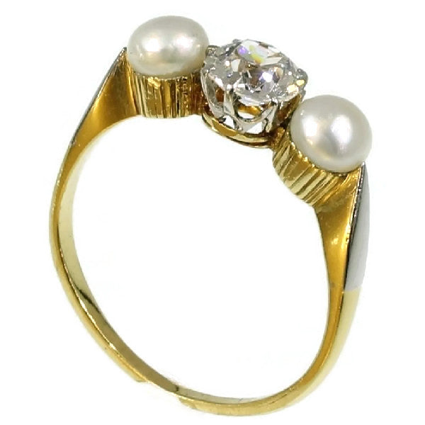Antique Pearl and Diamond Three-Stone Ring, 0.60 carat, 18ct Gold