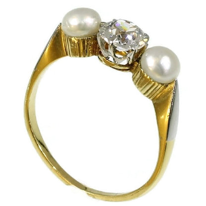 Antique Pearl and Diamond Three-Stone Ring, 0.60 carat, 18ct Gold