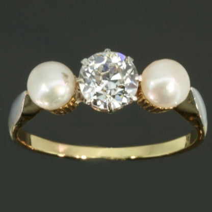 Antique Pearl and Diamond Three-Stone Ring, 0.60 carat, 18ct Gold