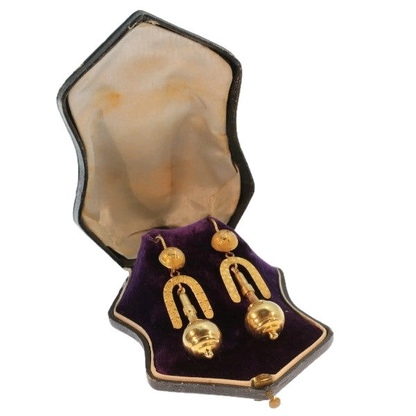Antique Victorian 18ct Yellow Gold Drop Earrings, Original box, Circa 1870