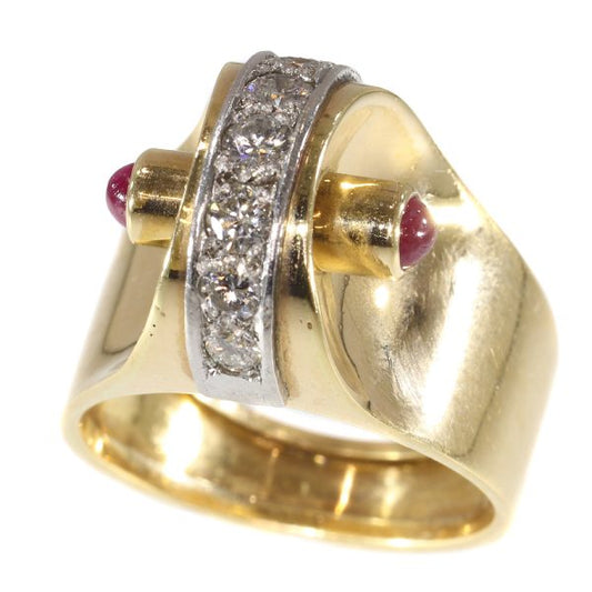 Vintage Retro Diamond and Ruby Dress Ring, 18ct Gold, Circa 1940