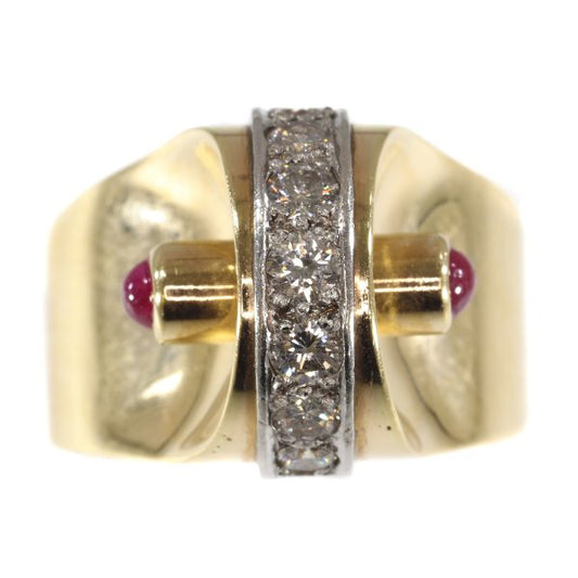 Vintage Retro Diamond and Ruby Dress Ring, 18ct Gold, Circa 1940