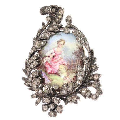 Antique Victorian Rose Cut Diamond and Enamel Brooch, Silver and Gold