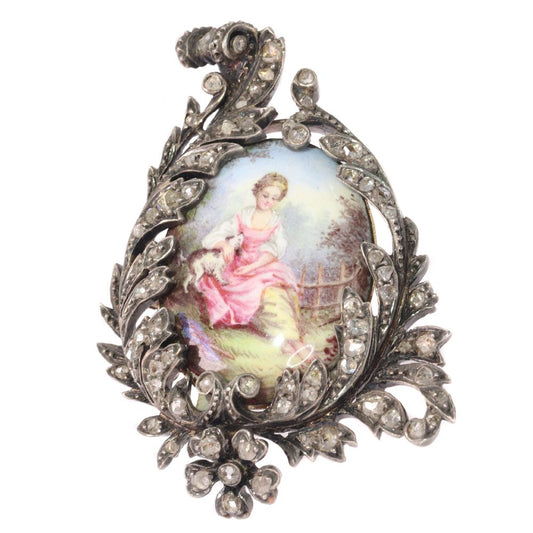 Antique Victorian Rose Cut Diamond and Enamel Brooch, Silver and Gold