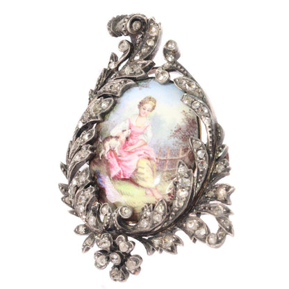 Antique Victorian Rose Cut Diamond and Enamel Brooch, Silver and Gold