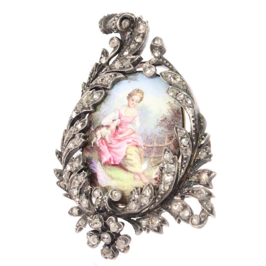 Antique Victorian Rose Cut Diamond and Enamel Brooch, Silver and Gold