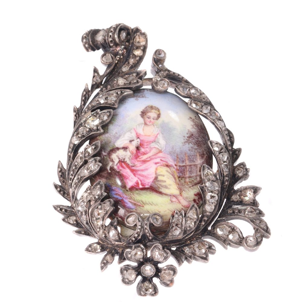 Antique Victorian Rose Cut Diamond and Enamel Brooch, Silver and Gold