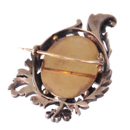 Antique Victorian Rose Cut Diamond and Enamel Brooch, Silver and Gold
