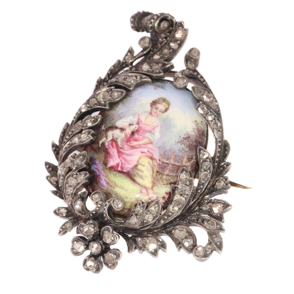 Antique Victorian Rose Cut Diamond and Enamel Brooch, Silver and Gold
