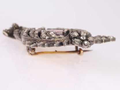Antique Victorian Rose Cut Diamond and Enamel Brooch, Silver and Gold