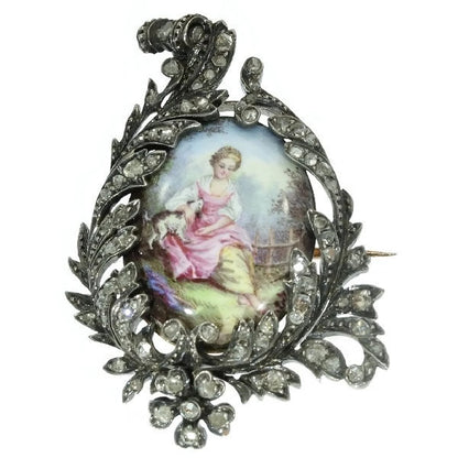 Antique Victorian Rose Cut Diamond and Enamel Brooch, Silver and Gold