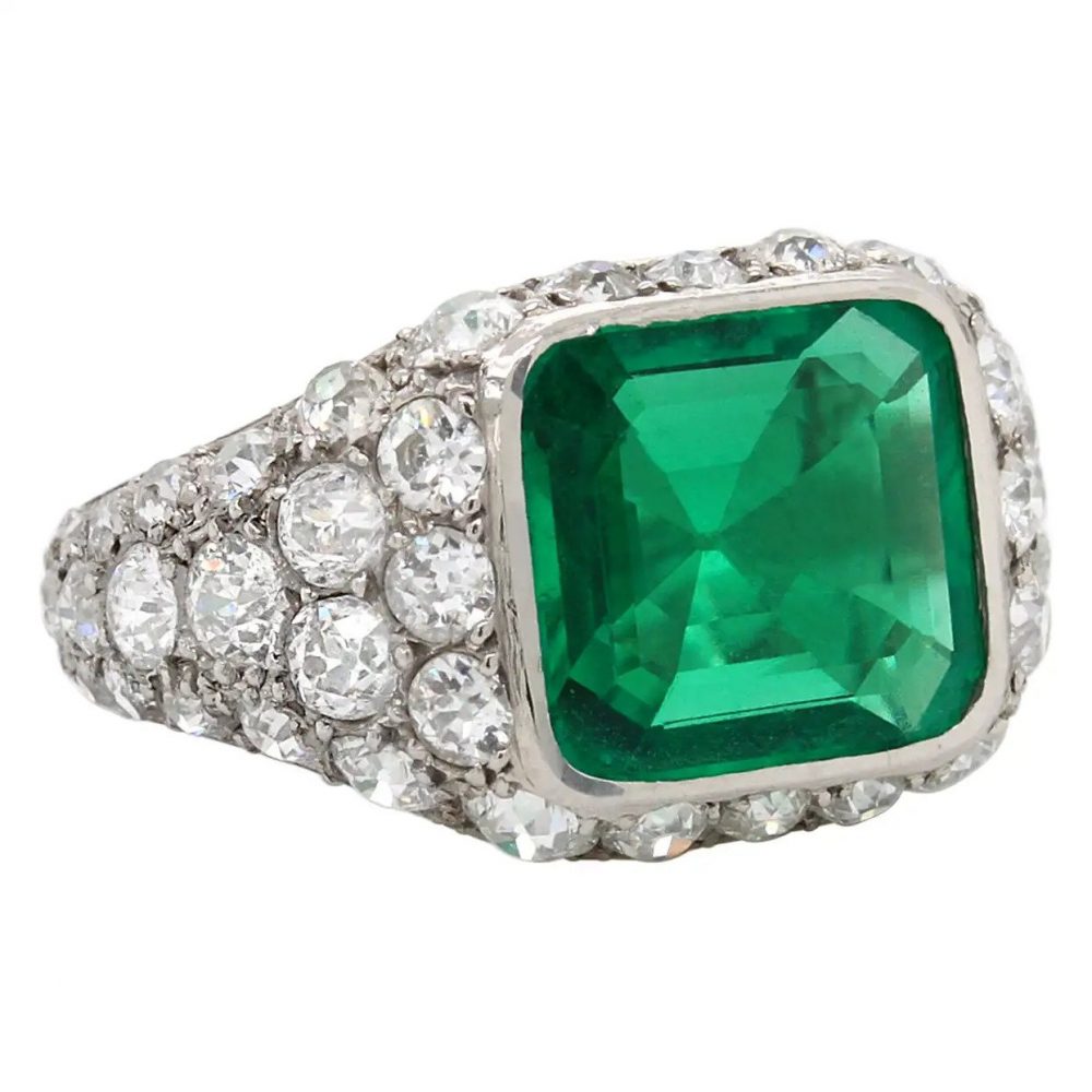 Art Deco Certified 2.85ct Natural No Oil Colombian Emerald and Old Cut Diamond Dress Ring