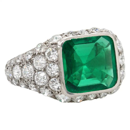 Art Deco Certified 2.85ct Natural No Oil Colombian Emerald and Old Cut Diamond Dress Ring