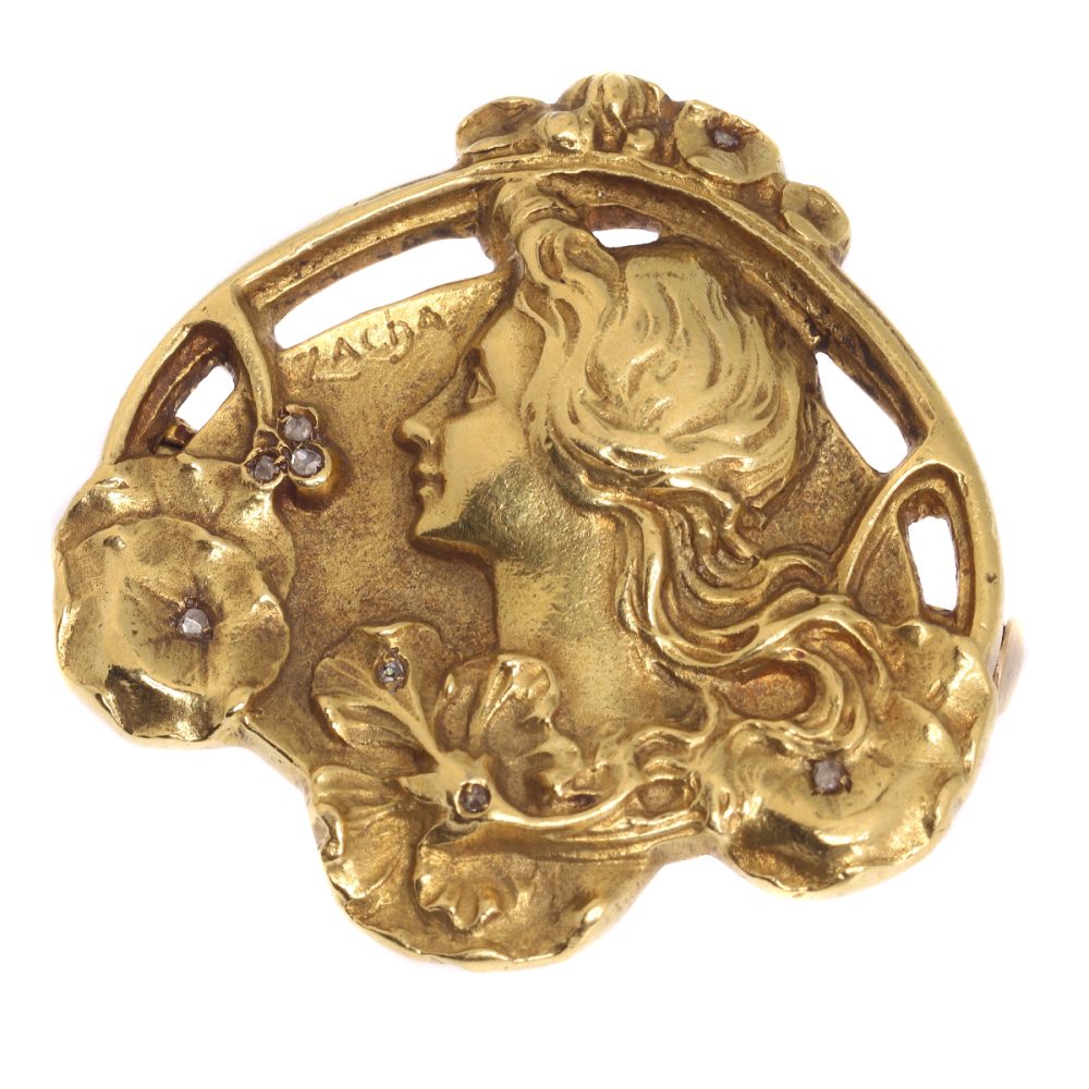 Antique Art Nouveau Zacha Diamond Set 18ct Gold Brooch