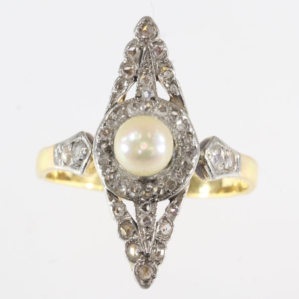 Antique Victorian Rose Cut Diamond and Pearl Ring, Platinum and Gold
