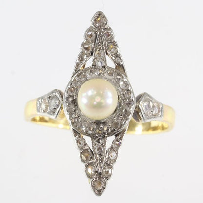 Antique Victorian Rose Cut Diamond and Pearl Ring, Platinum and Gold