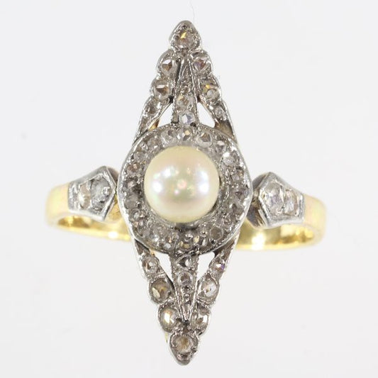 Antique Victorian Rose Cut Diamond and Pearl Ring, Platinum and Gold
