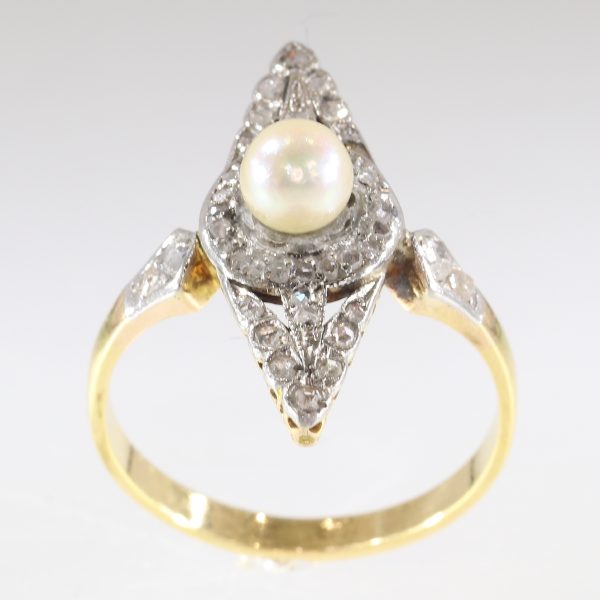 Antique Victorian Rose Cut Diamond and Pearl Ring, Platinum and Gold