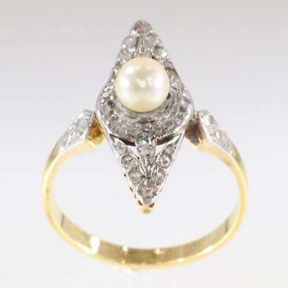 Antique Victorian Rose Cut Diamond and Pearl Ring, Platinum and Gold