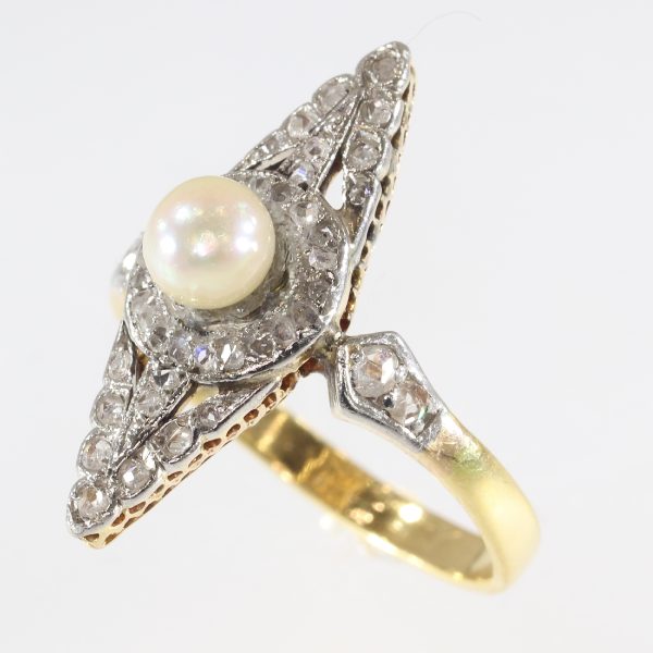 Antique Victorian Rose Cut Diamond and Pearl Ring, Platinum and Gold