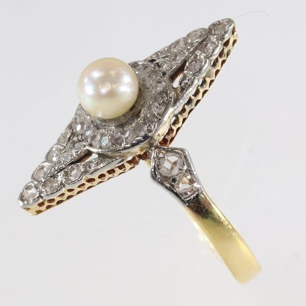 Antique Victorian Rose Cut Diamond and Pearl Ring, Platinum and Gold