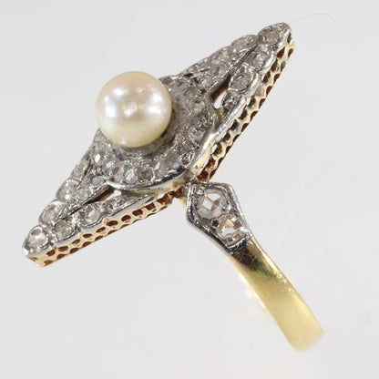 Antique Victorian Rose Cut Diamond and Pearl Ring, Platinum and Gold