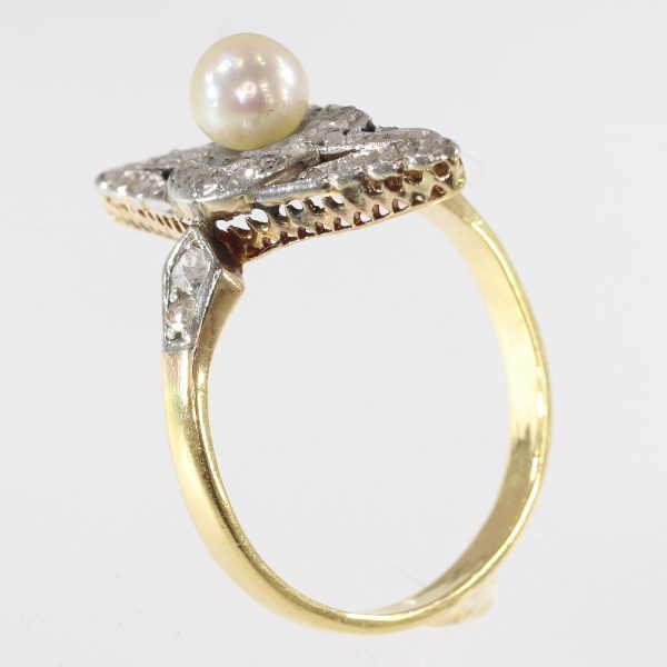 Antique Victorian Rose Cut Diamond and Pearl Ring, Platinum and Gold