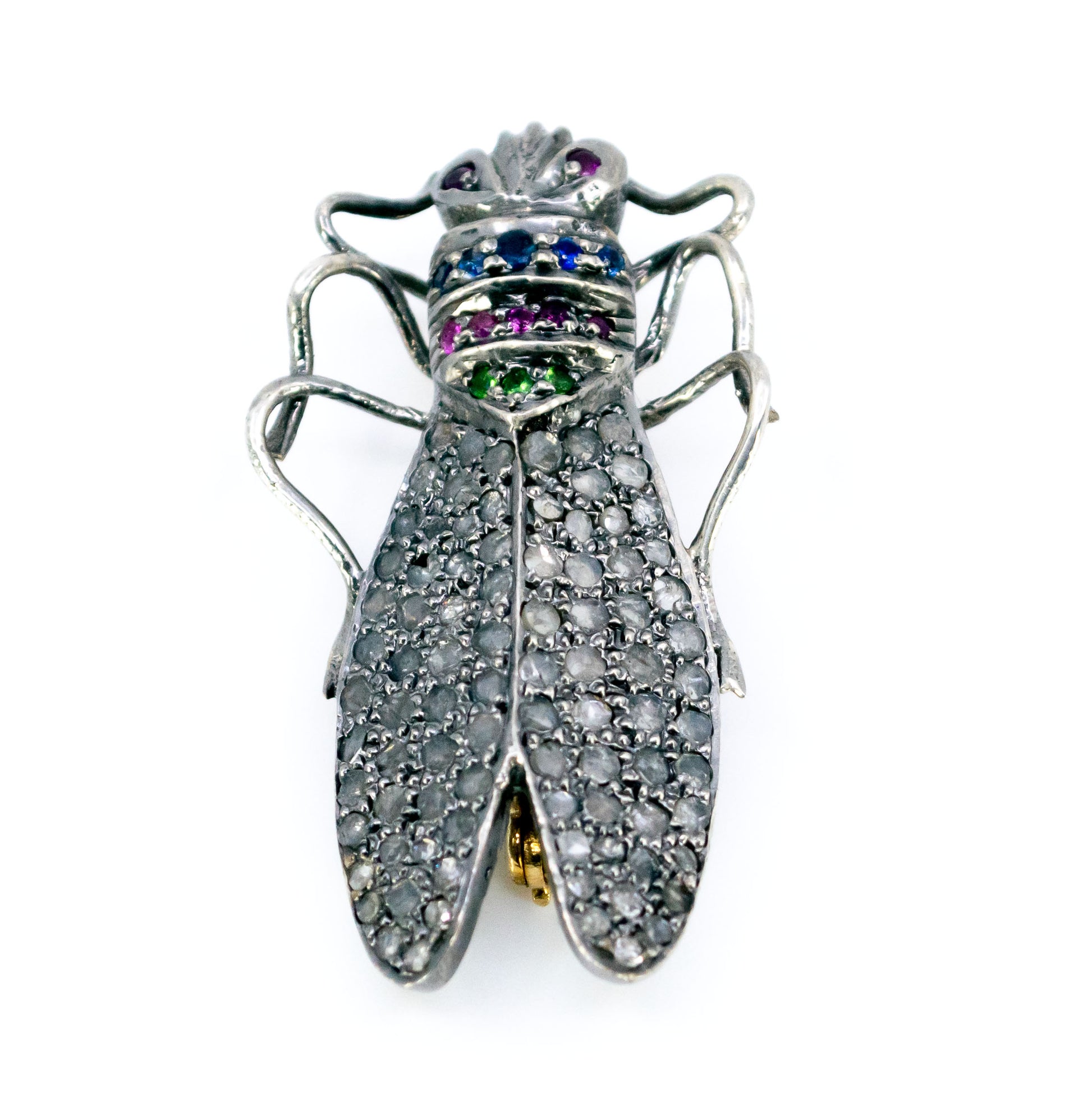 14 Carat Gold, Silver, Diamond, Emerald, Ruby and Sapphire Insect Brooch