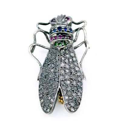 14 Carat Gold, Silver, Diamond, Emerald, Ruby and Sapphire Insect Brooch