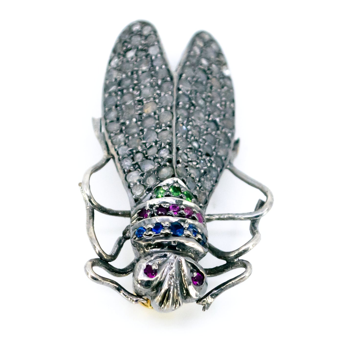 14 Carat Gold, Silver, Diamond, Emerald, Ruby and Sapphire Insect Brooch