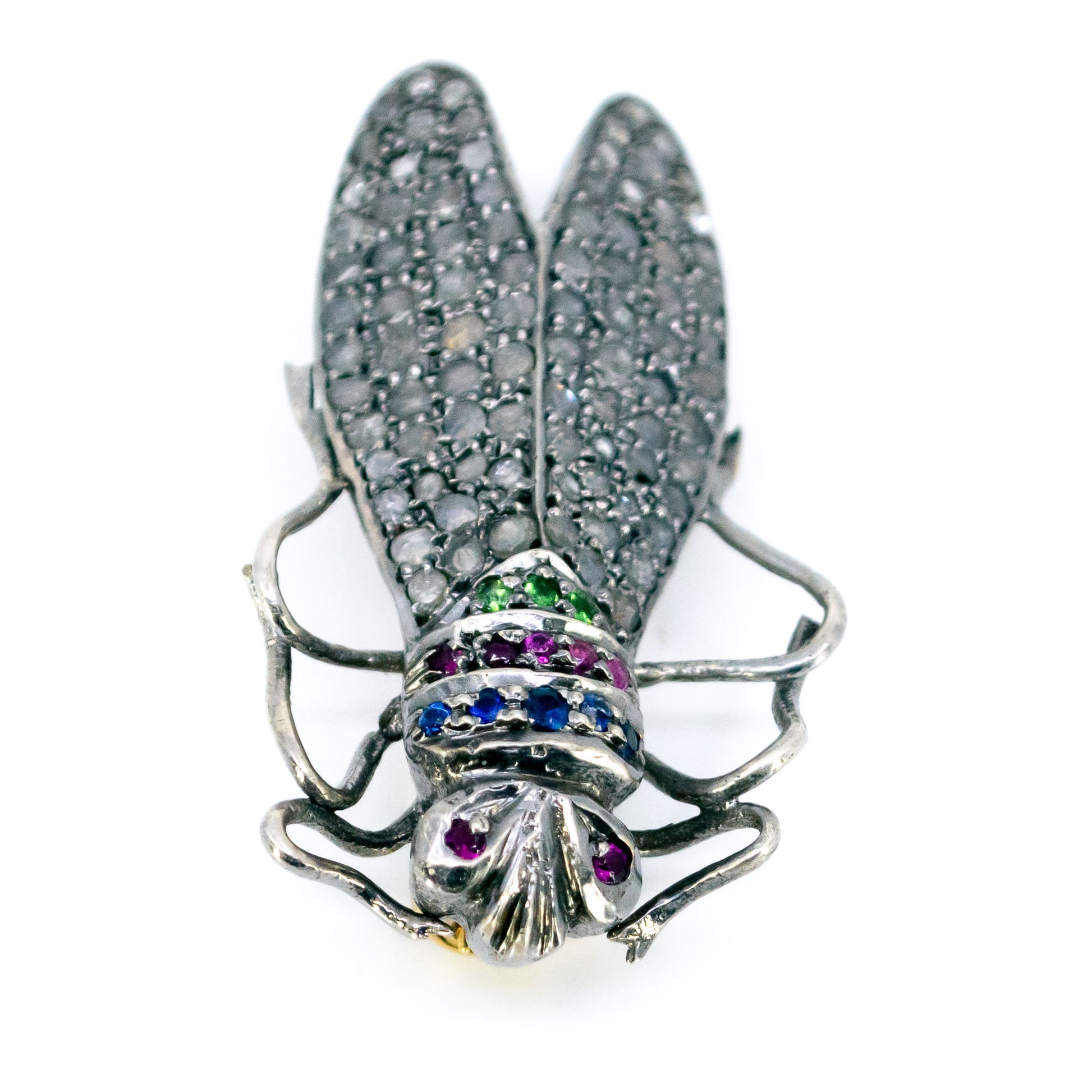 14 Carat Gold, Silver, Diamond, Emerald, Ruby and Sapphire Insect Brooch
