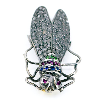 14 Carat Gold, Silver, Diamond, Emerald, Ruby and Sapphire Insect Brooch