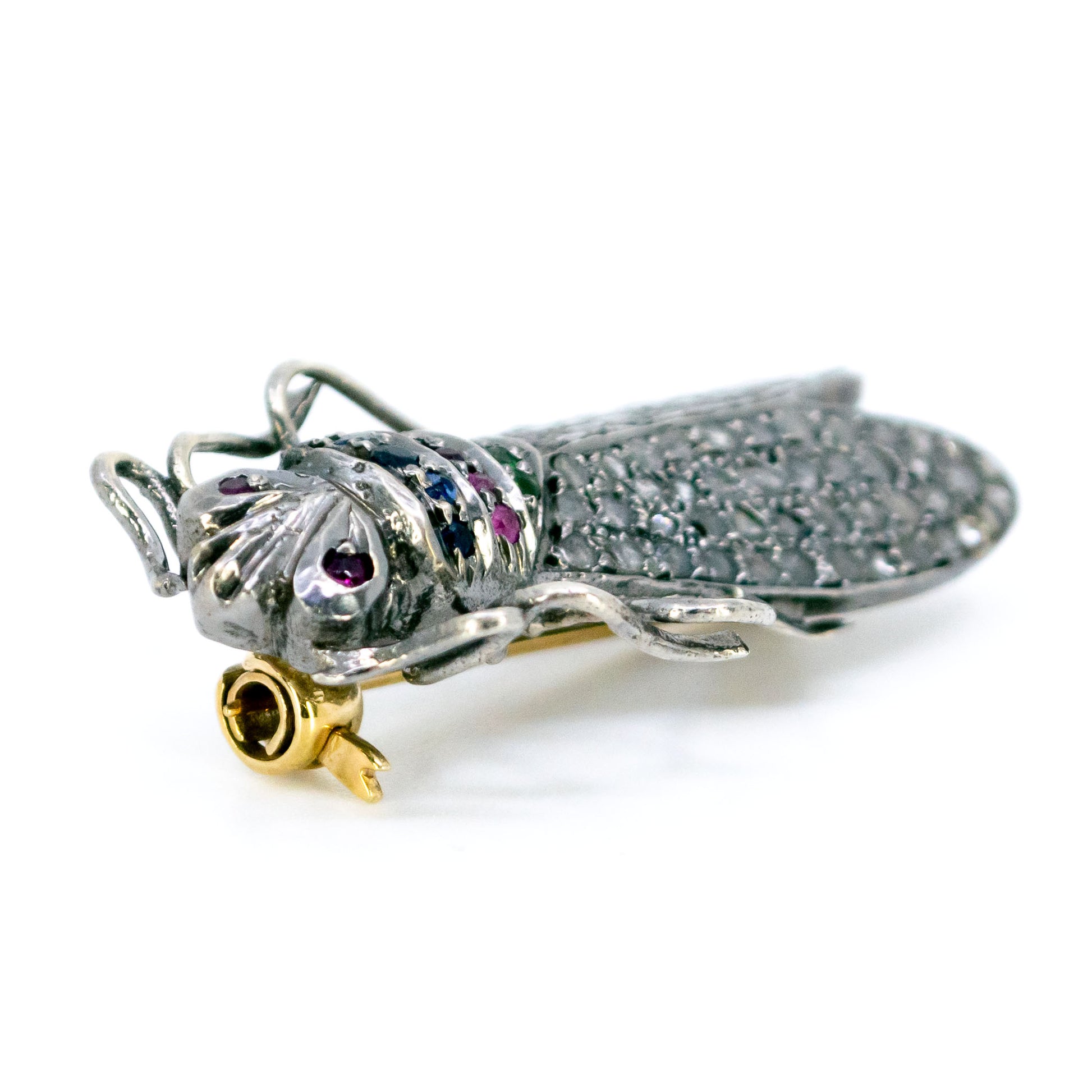14 Carat Gold, Silver, Diamond, Emerald, Ruby and Sapphire Insect Brooch