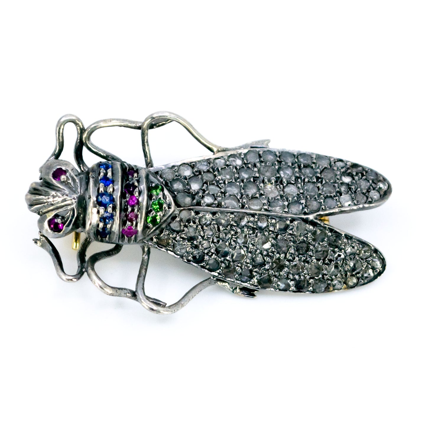 14 Carat Gold, Silver, Diamond, Emerald, Ruby and Sapphire Insect Brooch