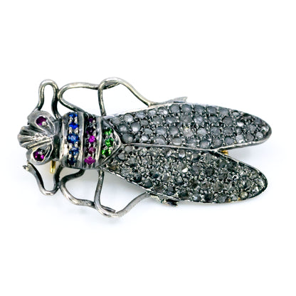 14 Carat Gold, Silver, Diamond, Emerald, Ruby and Sapphire Insect Brooch