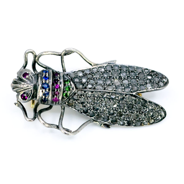 14 Carat Gold, Silver, Diamond, Emerald, Ruby and Sapphire Insect Brooch