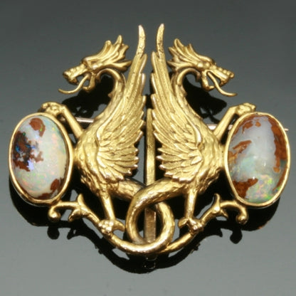 Charming Antique Victorian Brooch Depicting Two Griffins Protecting Their Egg