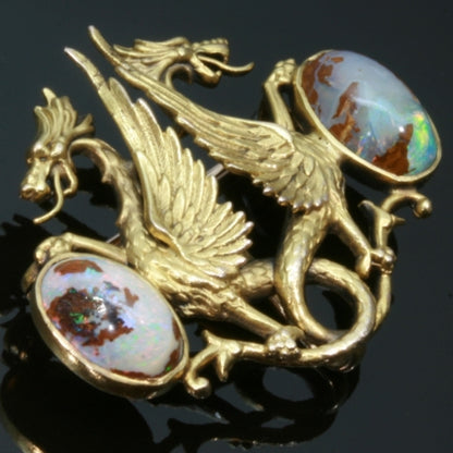 Charming Antique Victorian Brooch Depicting Two Griffins Protecting Their Egg
