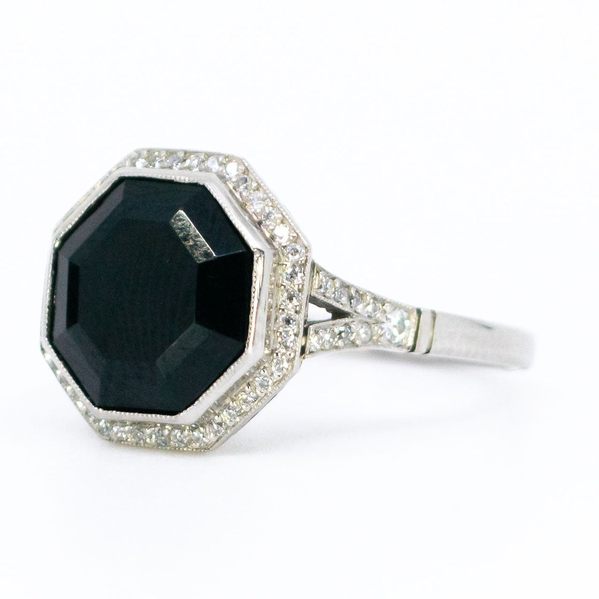 Art Deco Platinum, Octagonal Black Onyx and Diamond Ring, 1.40 Carats
