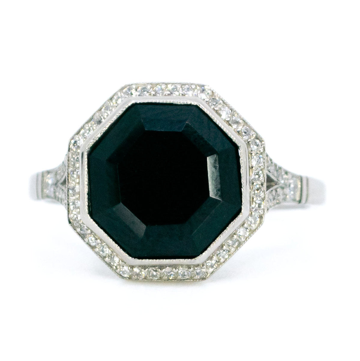 Art Deco Platinum, Octagonal Black Onyx and Diamond Ring, 1.40 Carats