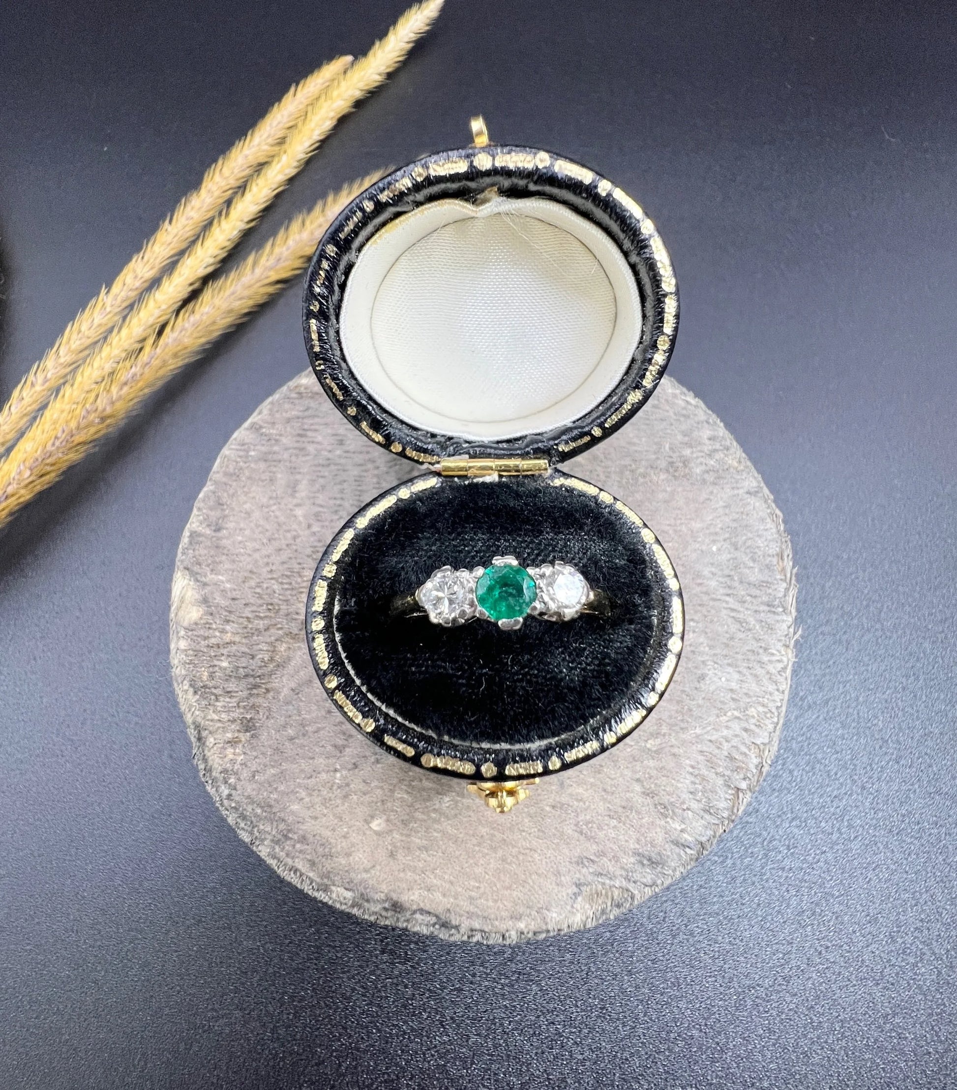 Vintage 18 ct Yellow Gold And Platinum 1950's 3 Stone Emerald And Diamond Trilogy Engagement Ring