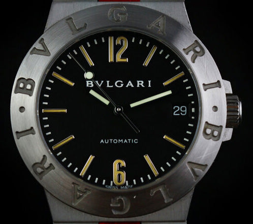 Bulgari Diagono 18ct White Gold 37mm Automatic Watch, black face, Arabic numerals at 12 and 6, baton hour markers, red leather strap with 18ct buckle, Circa 2000