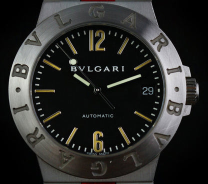 Bulgari Diagono 18ct White Gold 37mm Automatic Watch, black face, Arabic numerals at 12 and 6, baton hour markers, red leather strap with 18ct buckle, Circa 2000