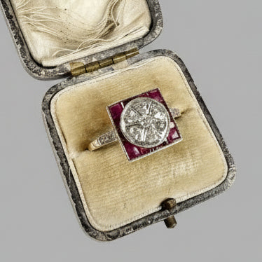 Antique Art Deco 18 Carat Yellow Gold Ruby and Diamond Square Ring, Circa 1920