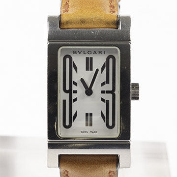 Bvlgari Rettangolo Ladies Stainless Steel Quartz Watch; Ref. RT 39 S, 21mm stainless steel case, white dial, sapphire crystal, on a Bulgari brown/tan leather strap with Bulgari steel pin buckle