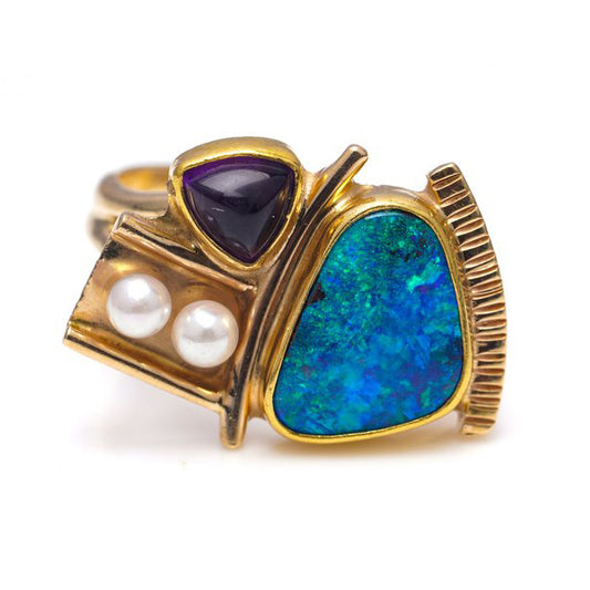 Vintage Black Opal Amethyst and Pearl Dress Ring in 18ct Yellow Gold