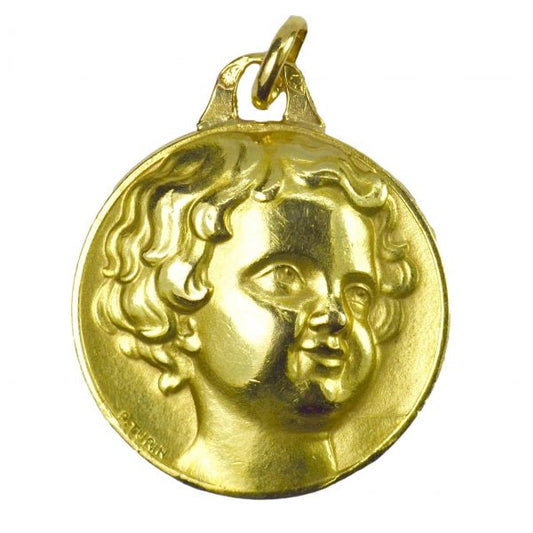 French Cherub 18ct Yellow Gold Charm Pendant; designed as a medal depicting a cherub’s head, Signed P. Turin